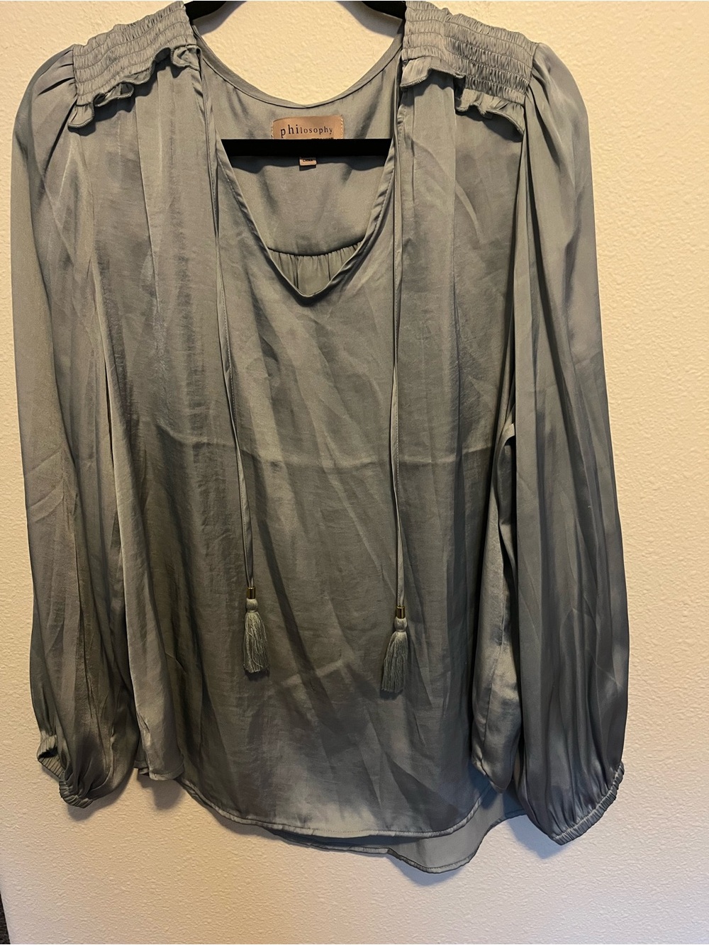 Philosophy Sage Green Smocked-Shoulder Tassel Blouse